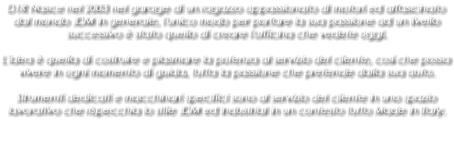 D1R Nasce nel 2003 nel garage di un ragazzo appassionato di motori ed affascinato dal mondo JDM in generale, l'unico modo per portare la sua passione ad un livello successivo è stato quello di creare l'officina che vedete oggi. L'idea è quella di costruire e plasmare la potenza al servizio del cliente, così che possa vivere in ogni momento di guida, tutta la passione che pretende dalla sua auto. Strumenti dedicati e macchinari specifici sono al servizio del cliente in uno spazio lavorativo che rispecchia lo stile JDM ed Industrial in un contesto tutto Made in Italy.
